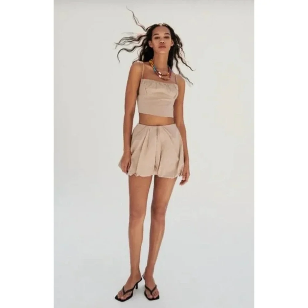 Zara Tan Bubble Mini Skirt Beige‎ Pleated Puff Voluminous Size M 28 Waist